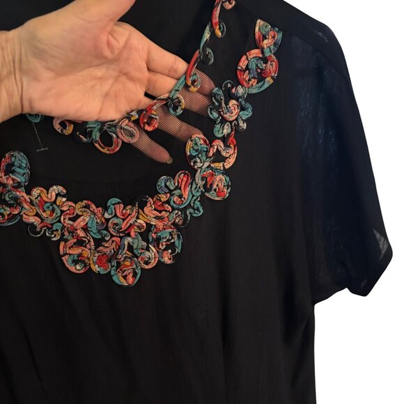 VTG '80's Carole Little Black Blouse Embroidered Sheer Bodice & Sleeve - Picture 4 of 13